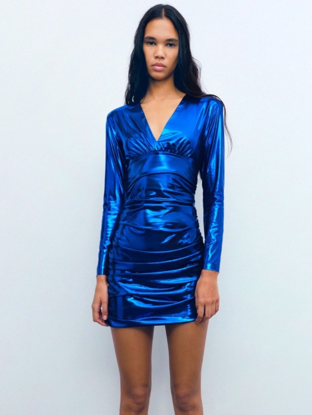 Zara Metallic Electric Cobalt Blue Ruched Long Sleeve Mini Dress NWOT XS *READ*